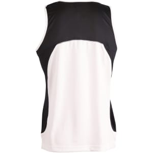 A men's sprint singlet featuring a black and white design with a mesh back and side panel construction.