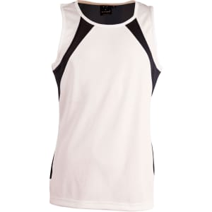 A men's sprint singlet featuring a white body with black side panels and a branded logo at the neckline.