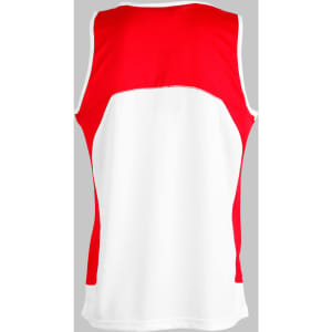 A red and white men's sprint singlet with a stylish back design and a logo.