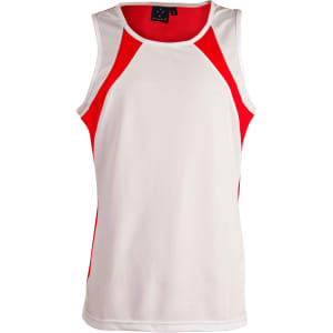 A white men's sprint singlet with red side panels and a logo on the neckline.