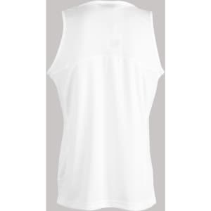 A white men's sprint singlet featuring a logo and a simple, sleeveless design.