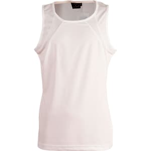 A white men's sprint singlet with a mesh design and a logo.