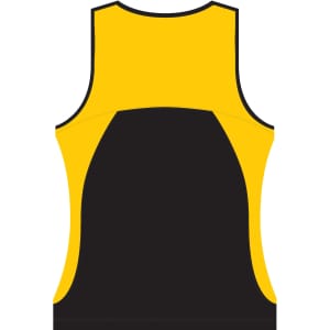A sleeveless singlet featuring a yellow front and black back, with a logo on it.
