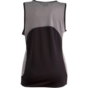 A ladies' sprint singlet featuring a mesh design, predominantly black with grey accents, and a logo on the back.