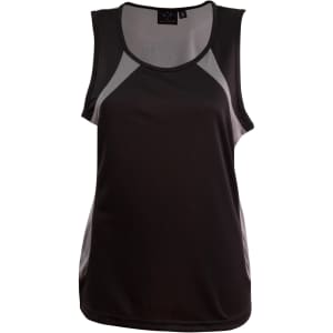 A black ladies' sprint singlet featuring mesh panels, designed for comfort and breathability. Includes a logo.
