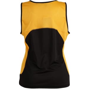 A yellow and black ladies' sprint singlet featuring a mesh design and a logo on the back.