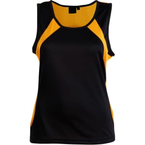A black and yellow women's sprint singlet with a mesh design, featuring a logo on the front.