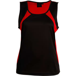 A black and red ladies' sprint singlet featuring a logo, designed with a sporty look and comfortable fit.