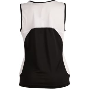 A sleeveless singlet in black and white with a breathable mesh design and a branded logo.