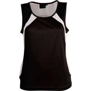 A black and white ladies' sprint singlet featuring a sporty design and a logo on the label.