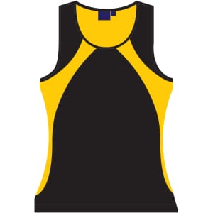 A black and yellow ladies' sprint singlet featuring a logo, designed as a sleeveless athletic top.