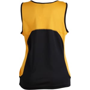 A women's singlet featuring a yellow front and black back, with a mesh design and a logo.