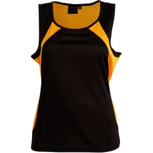 A black and yellow ladies' sprint singlet with a breathable design and a logo on the neckline.
