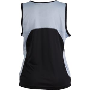 A ladies' sprint singlet featuring a light blue upper section and a black lower section, with a mesh design and logo.