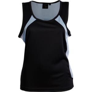 A black and light blue ladies' singlet featuring a lightweight design and athletic cut, with a logo on the label.