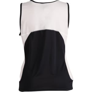 A sleeveless ladies' sprint singlet in black and white with a mesh design and a logo on the back.