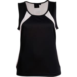 A black ladies' sprint singlet with white mesh side panels. The top features a standard sleeveless design and a logo.