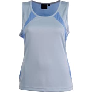 A light blue ladies' singlet with mesh detailing on the sides and a black label at the neckline.