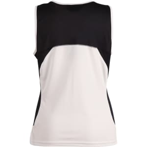 A women's singlet featuring a black and white design with a logo present on the garment.