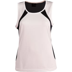 A sleeveless singlet featuring a white body with black accents and a logo on the upper back.