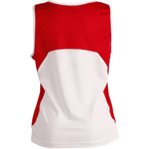A red and white ladies' sprint singlet featuring a mesh design and a logo on the back.