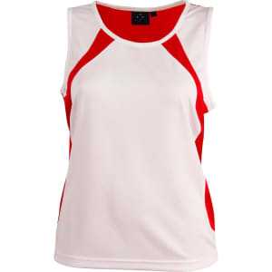 A white singlet featuring red accents and a logo on the neckline. Suitable for women's athletic wear.