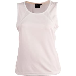 A sleeveless, light-coloured women's singlet with a mesh design and a logo on the label.