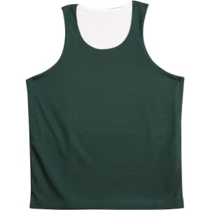 A green adults' basketball singlet with a mesh design and a white interior. It features a logo on the front.