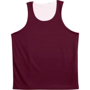 A burgundy basketball singlet with a lightweight, breathable fabric and a logo.