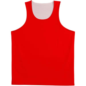 A red basketball singlet featuring a sleeveless design and a mesh inner lining, with a logo branding.