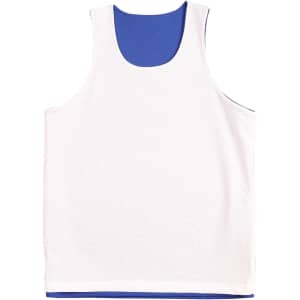 A white basketball singlet with a blue interior and a logo on the front.