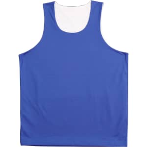 A blue adults' basketball singlet with a sleeveless design and a textured fabric, featuring a logo.