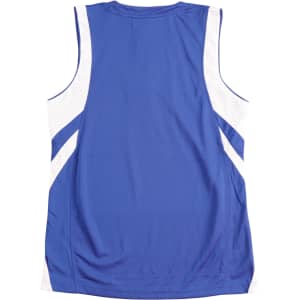 A blue basketball singlet with white side panels and a logo on the back.