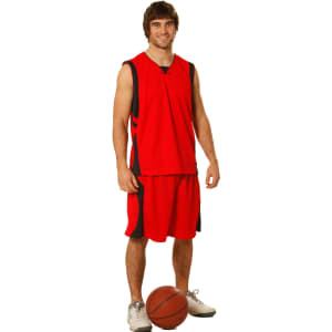A red basketball singlet featuring black accents, worn by a male model with a basketball at his feet.
