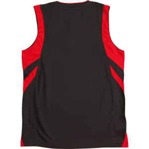 A black singlet with red accents and side stripes, featuring a simple design and a logo.