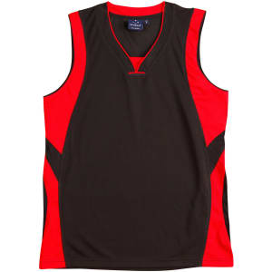 A black and red adults' basketball singlet featuring a V-neck design and a logo.