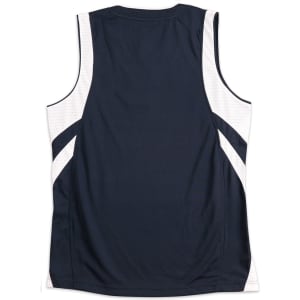 A navy blue adults' basketball singlet with white mesh panels and stripes, featuring a logo on the back.