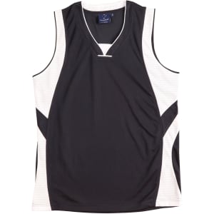 A black and white adults' basketball singlet featuring a v-neck design and side panel details. It has a logo.