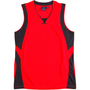 A red and black adults' basketball singlet featuring a V-neck design and a logo.