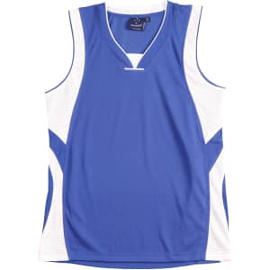 A blue and white adults' basketball singlet with a mesh design and logo.