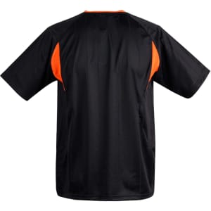 A black adults' soccer jersey with orange accents, featuring short sleeves and a crew neck. The back has a smooth design.