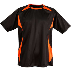 Adults' soccer jersey in black with vibrant orange accents and short sleeves, featuring a logo on the front.