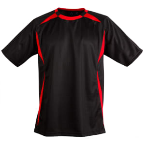 A black soccer jersey with red accents and a logo, featuring short sleeves and a round neck design.