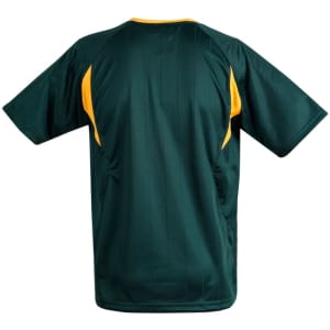 A adults' soccer jersey in dark green with yellow accents and a logo on the back.