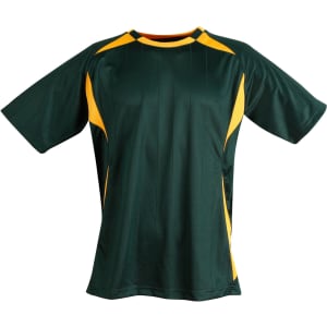 A green and yellow adults' soccer jersey with short sleeves and a logo.