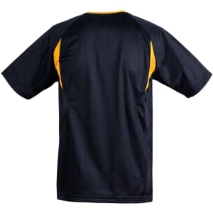 A dark navy adults' soccer jersey with yellow accents and a plain back design. It features a logo on the front.