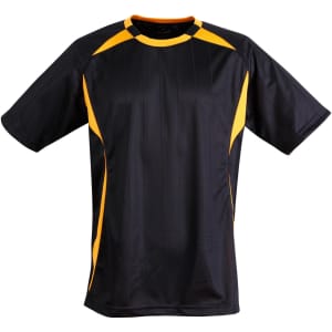 A black and yellow adults' soccer jersey with short sleeves and a sleek design. It features a logo.