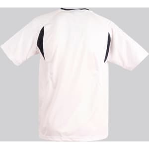 A white adults' soccer jersey featuring black accents and a logo on the back.