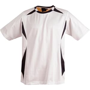 A white adults' soccer jersey with black accents and a logo on the chest area.