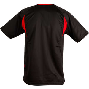 A black adults' soccer jersey with red accents and a logo on the back.